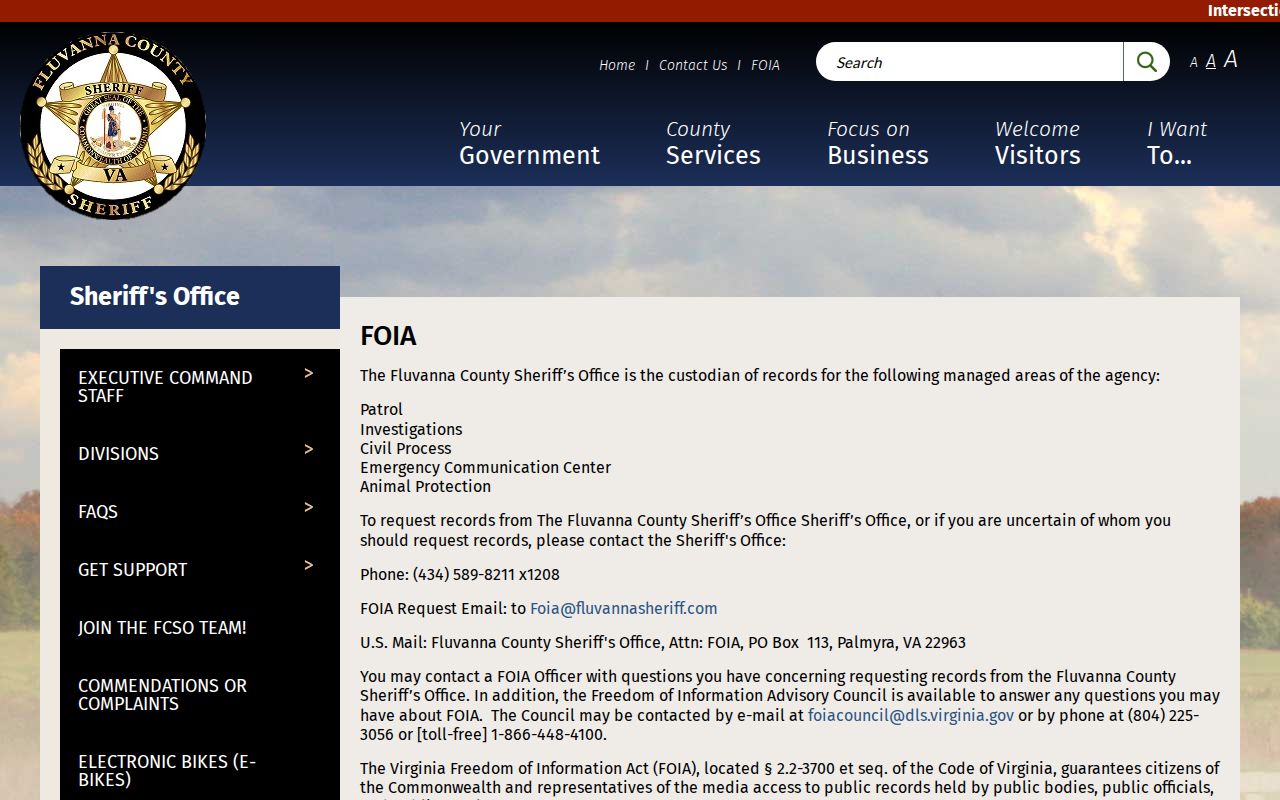 Fluvanna County criminal records request information from the Sheriff