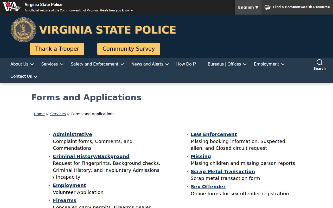 Fluvanna County criminal history forms from Virginia State Police